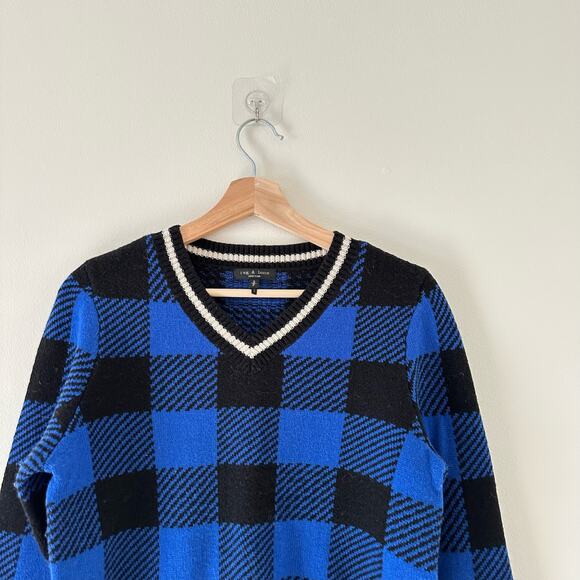 Rag & Bone Gabby Wool Buffalo Check V-Neck Pullover Sweater Blue/Black S - Picture 7 of 10